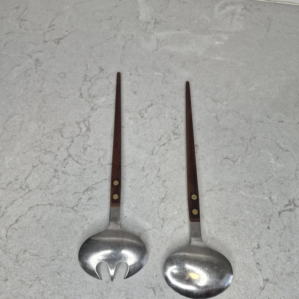 Vintage NEVCO Stainless Steel Japanese Teak Wood‎ Spoon & Fork Salad Serving Set